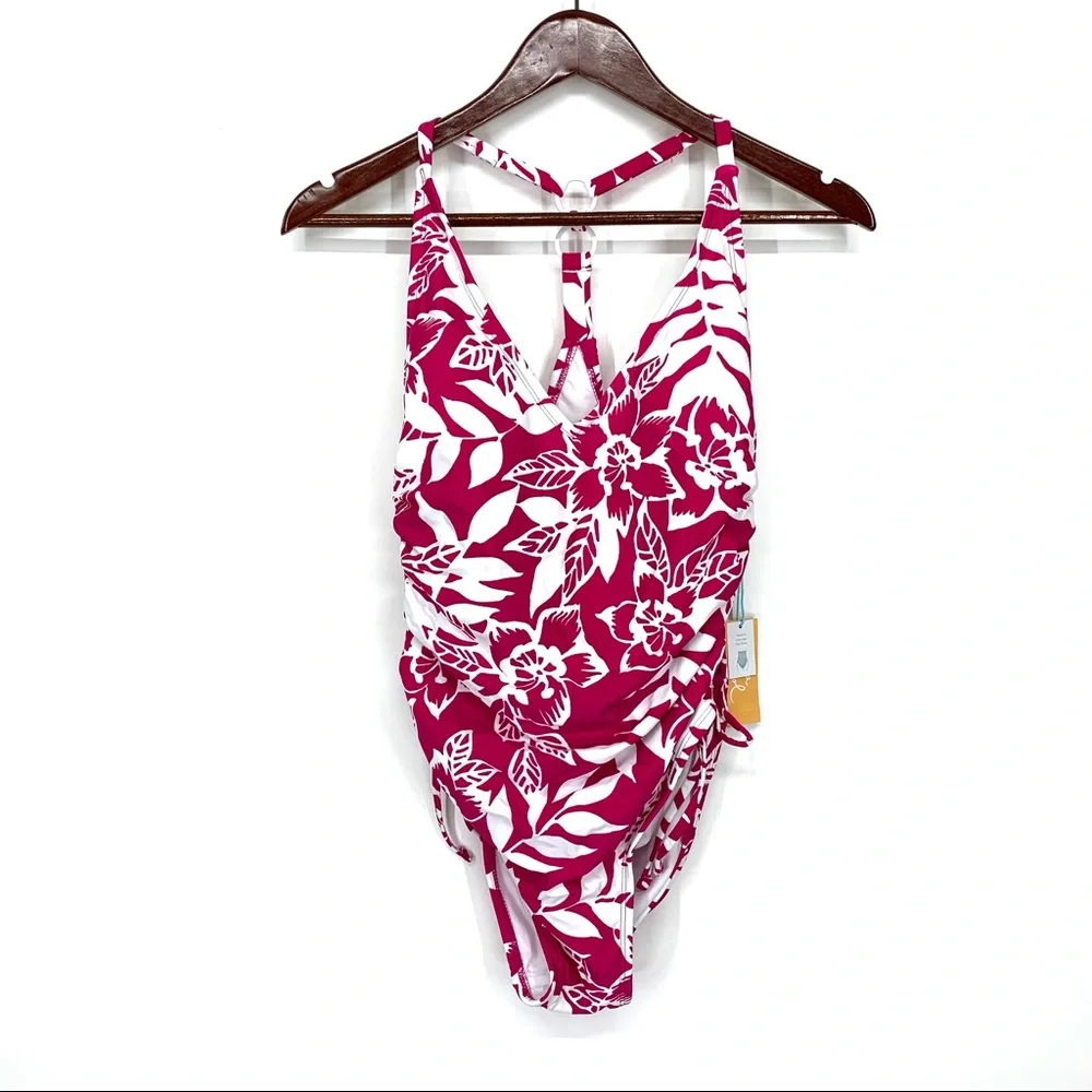 Kona Sol Pink & White Tropical Leaf Print One Piece Swimsuit T-Back Adjustable